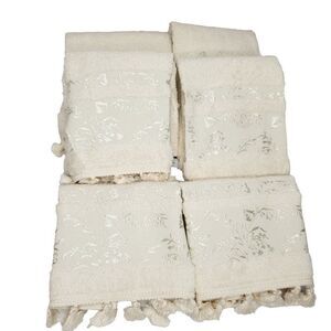 NEW Hand Fingertip Towel Set 6pc Floral Leaf Embroidered Tassels Cream Green